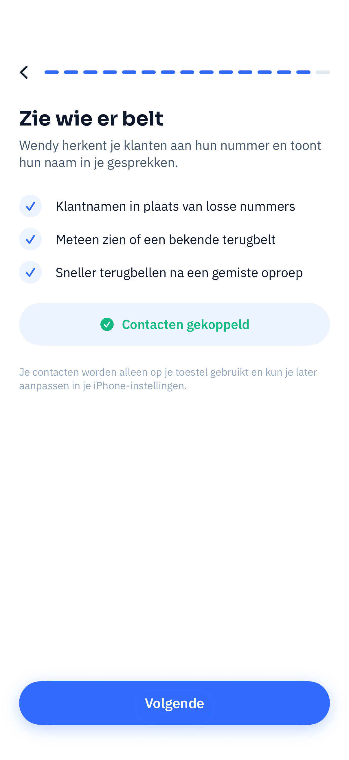 Scherm waarin je Wendy toegang geeft tot je contacten
