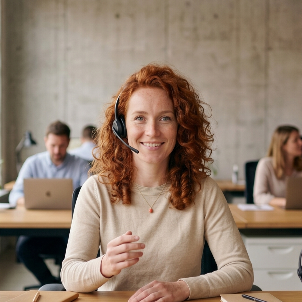 Wendy, een vriendelijke AI-telefoniste met een headset die je aankijkt